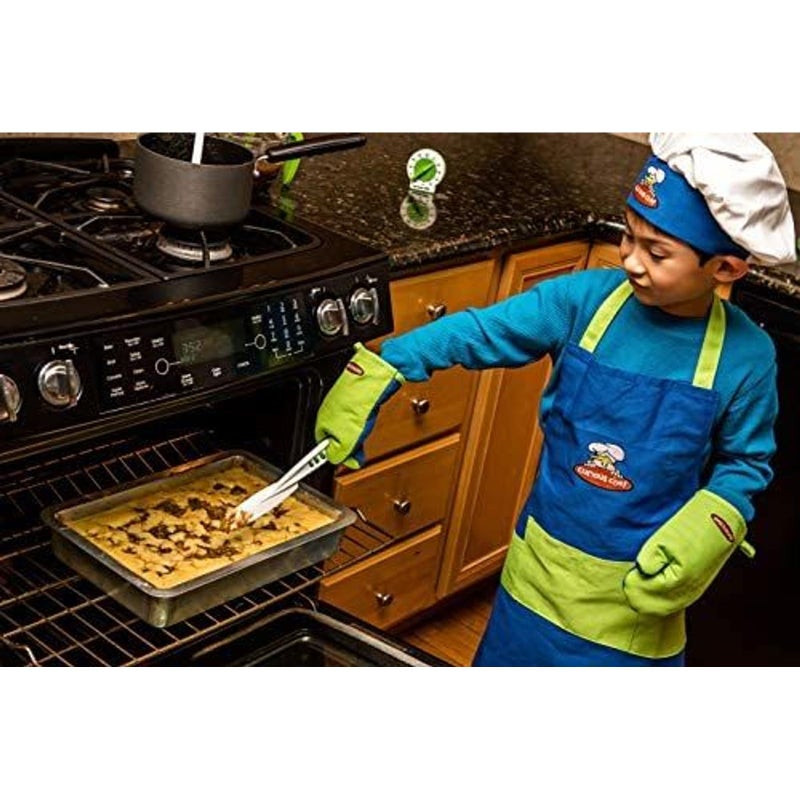 Curious Chef Child Textile Set - 4-Piece Set I Real Chef's Wear for Children I Child-Sized Apron, Oven Mitts & Hat I Machine Washable I Machine Washable I Blue/Green - Image 5